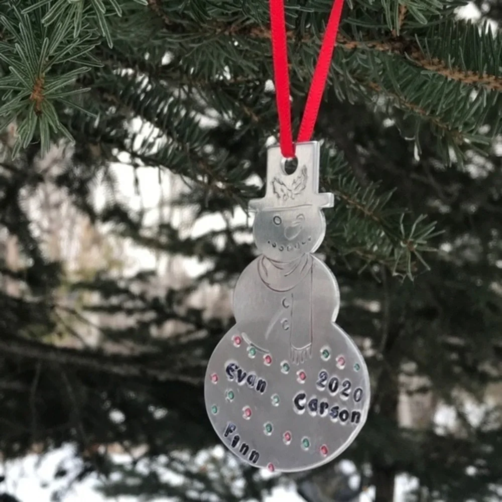 Handmade stamped silver aluminum personalized snowman holiday Christmas ornament